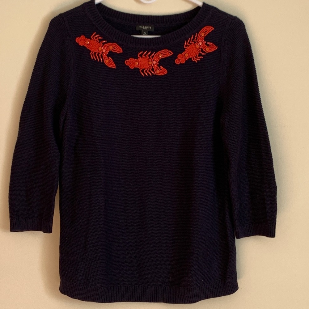 Talbots navy blue sweater w/ beaded lobsters!